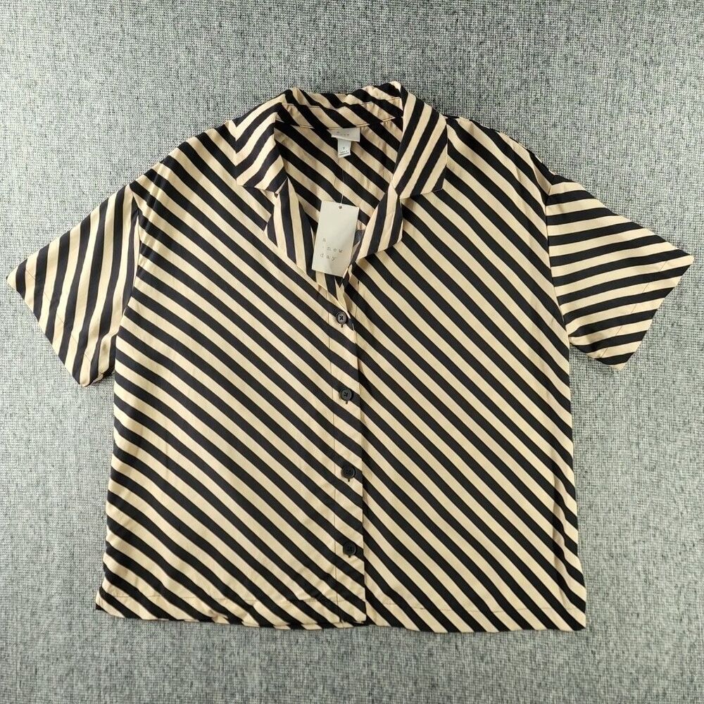 A New Day Shirt Womens Small S Black Cream Diagonal Stripe Button Up Notch NWT